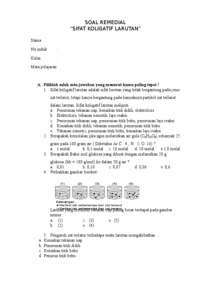 Soal Sifat Koligatif Larutan Remedial