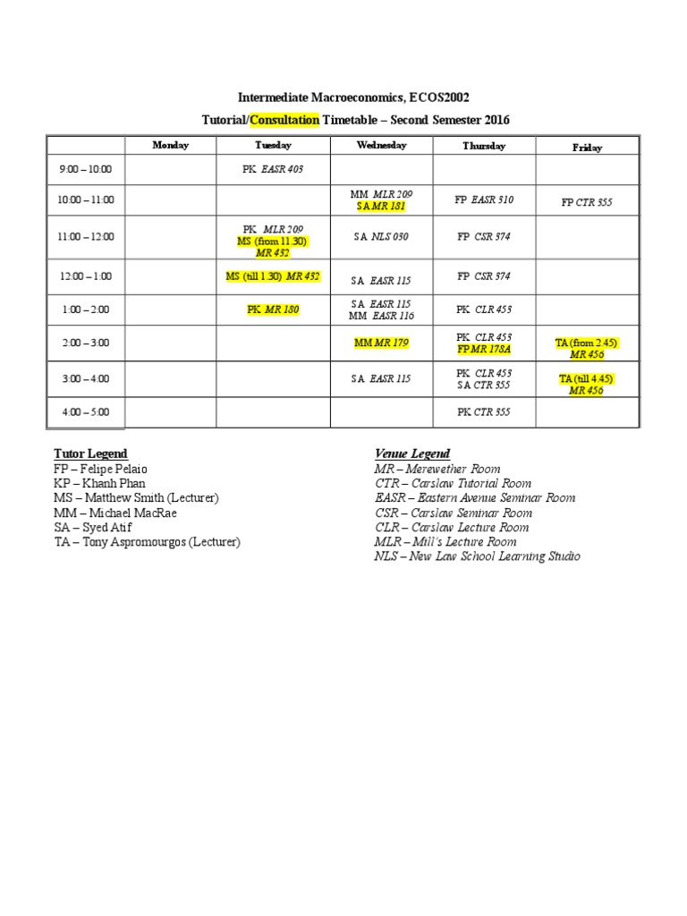 Carslaw Tutorial Room Schedule | PDF
