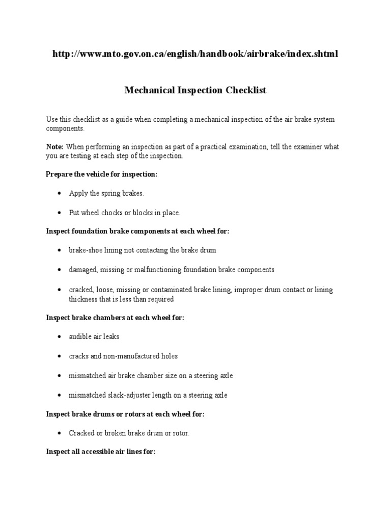 Brake Checklist PDF Trailer (Vehicle) Brake