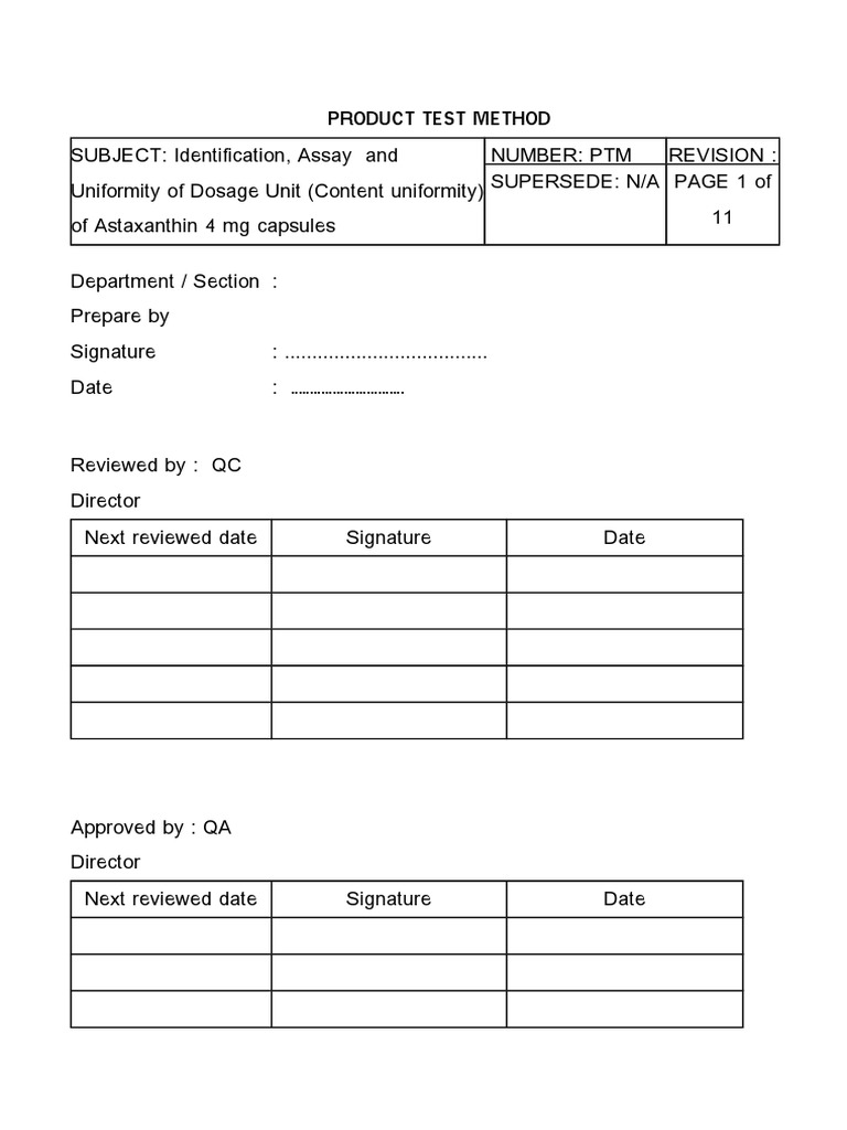 Identification, Assay and Uniformity of Dosage Unit (Content Uniformity) of Astaxanthin 4 mg