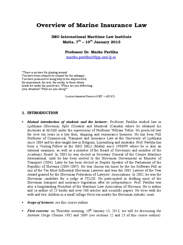 Overview Of Marine Insurance Law Prof Dr Marko Pavliha 1 - 