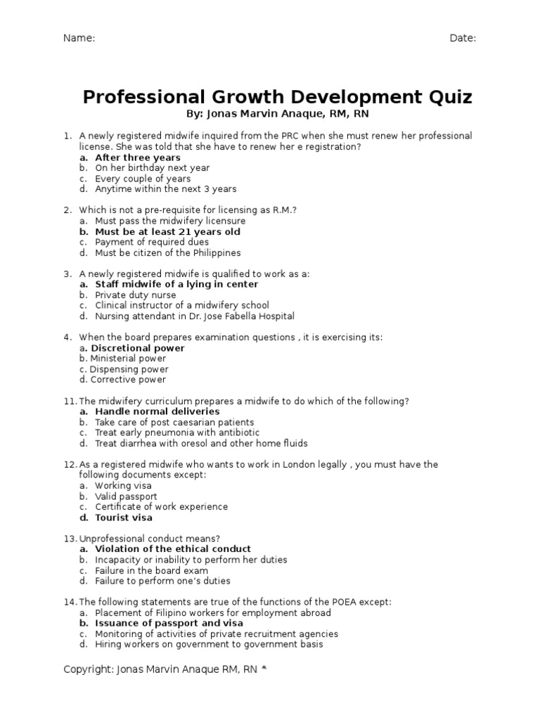Professional Growth Development Quiz Midwife Midwifery