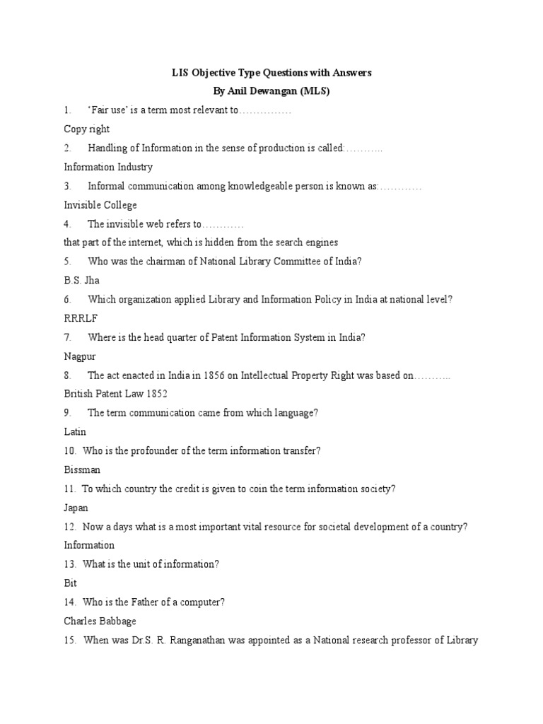 L Is Objective Type Questions With Answers | PDF | Libraries ...