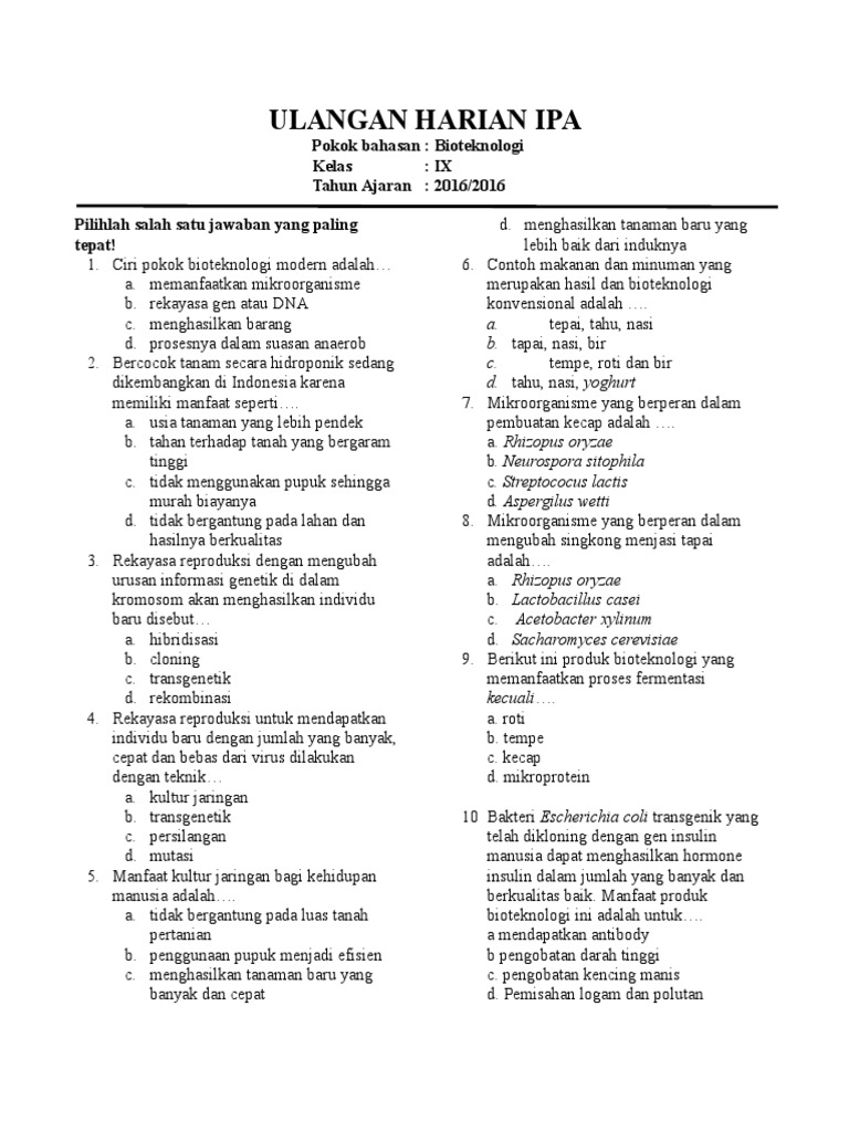Ulangan Harian Ipa Kelas 9