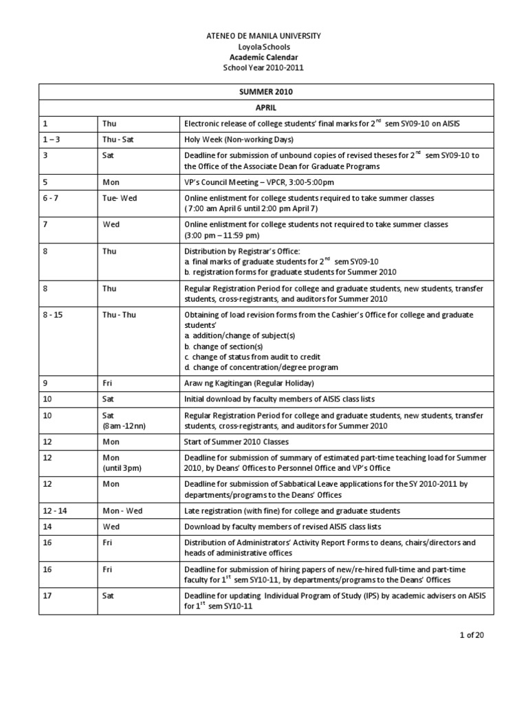 LS Academic Calendar 2010-2011 | PDF | Sat | Postgraduate Education