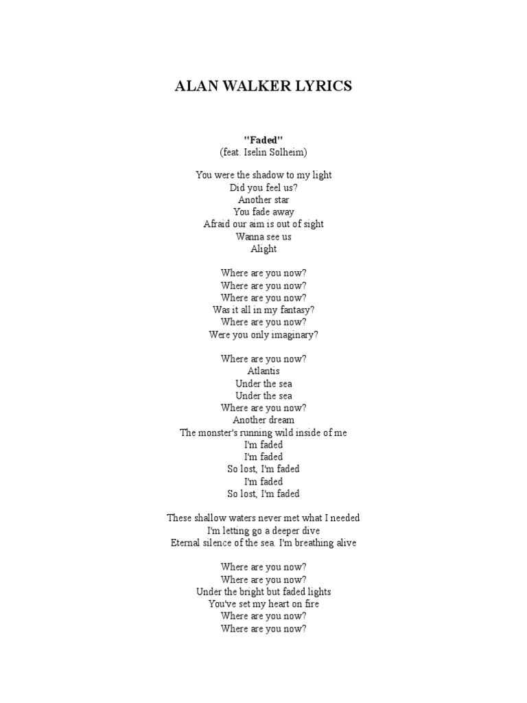 Faded - Alan Walker  Where are you now, Lyrics, Song lyrics