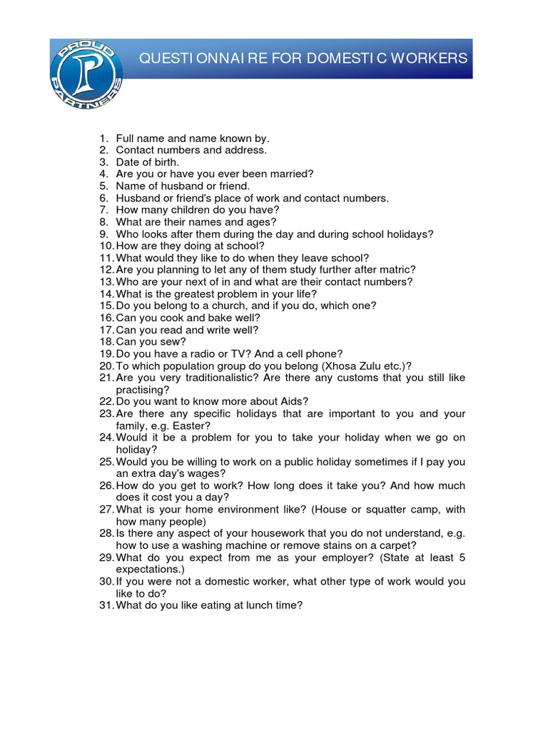 Domestic Worker Questionnaire Form | PDF