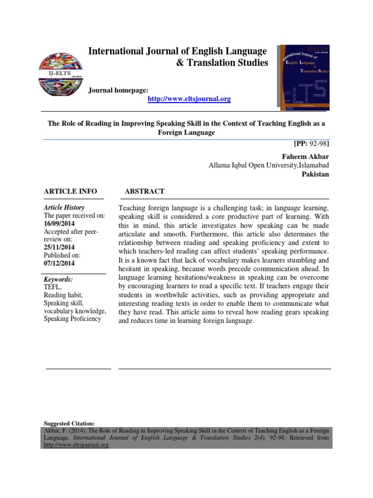 Reading's Impact on EFL Speaking Skills | PDF | Vocabulary | English As ...