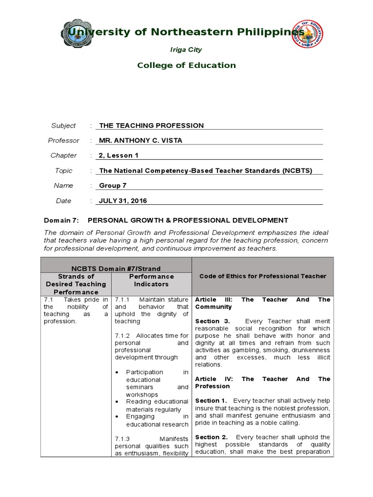 NCBTS Domain 7 | Profession | Teachers