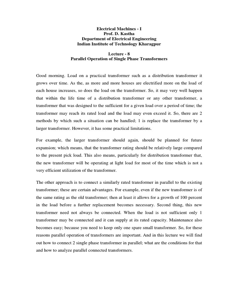 Parallel Operation of Single Phase Transformers | PDF | Transformer ...