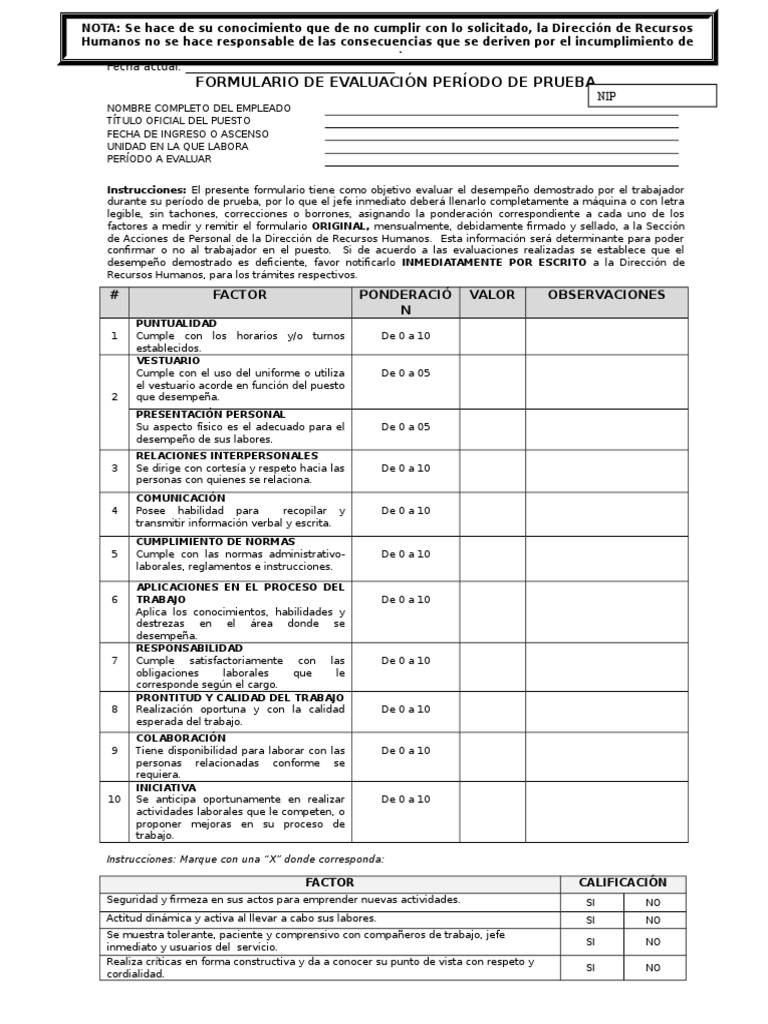 Formulario de Evaluacion Periodo de Prueba | Recursos humanos | Calidad ...