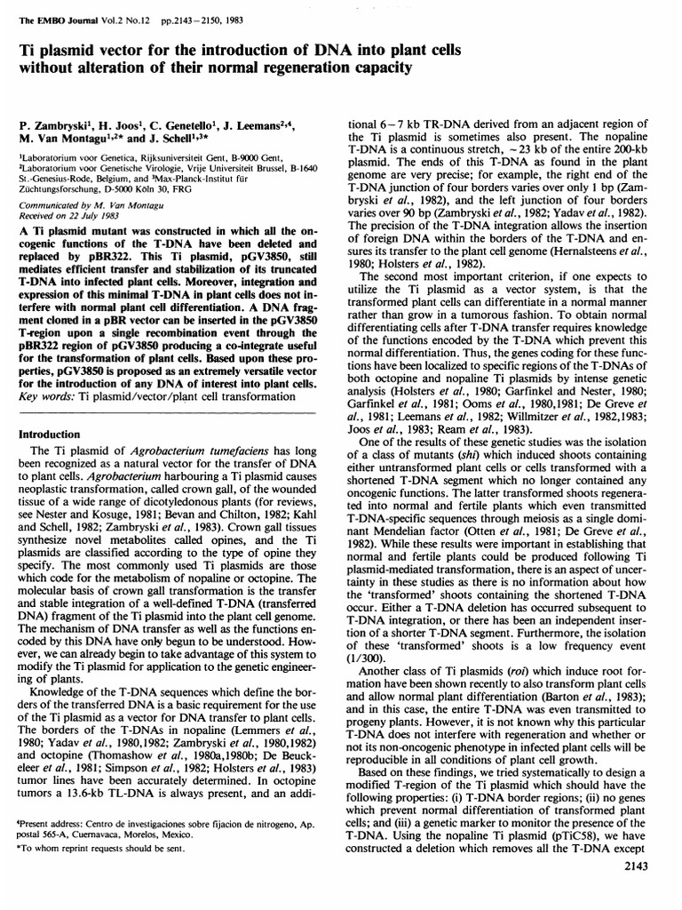 Ti Plasmid Vector For The Introduction PDF Plasmid Molecular Cloning