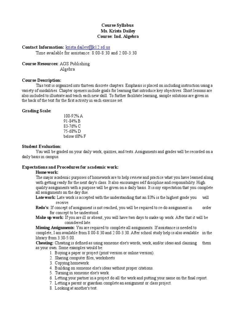 Algebra Syllabus Pdf Homework Profanity