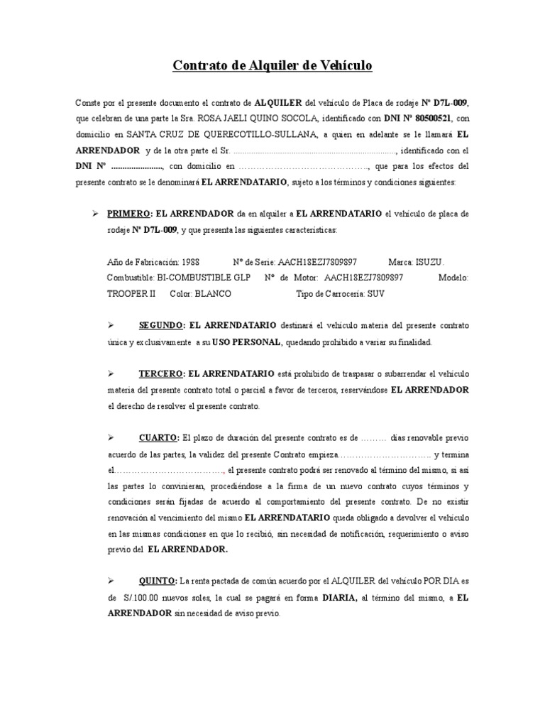 Contrato de Alquiler de Vehículo para Taxi | PDF | Alquiler | Coche