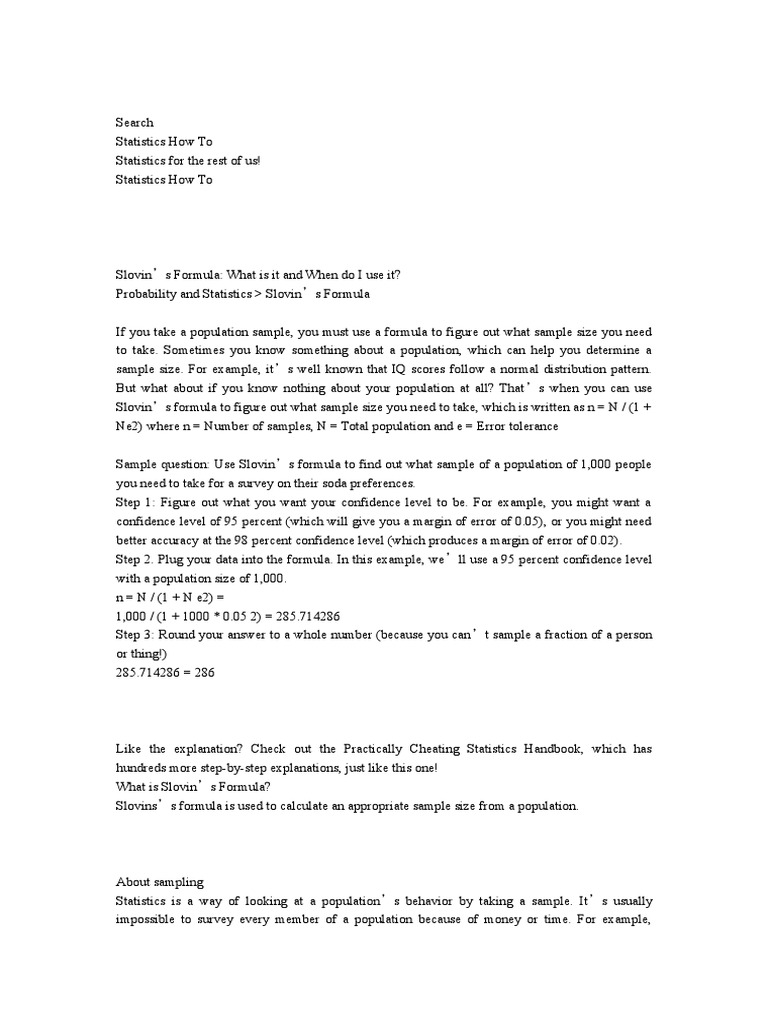 Slovin s Formula Margin Of Error Sampling Statistics 