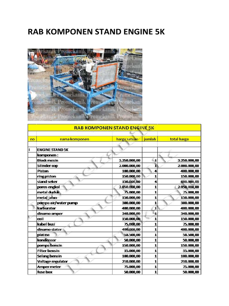 RAB Komponen Stand Otomotif Terlengkap | PDF | Teknologi & Rekayasa