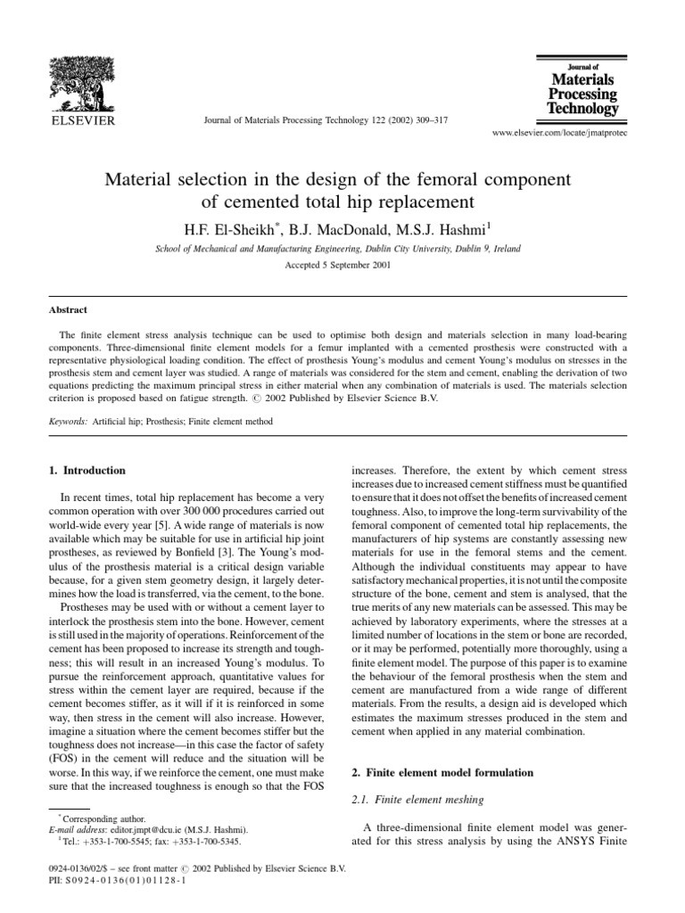 Material Selection in The Design of The Femoral Component of Cemented ...
