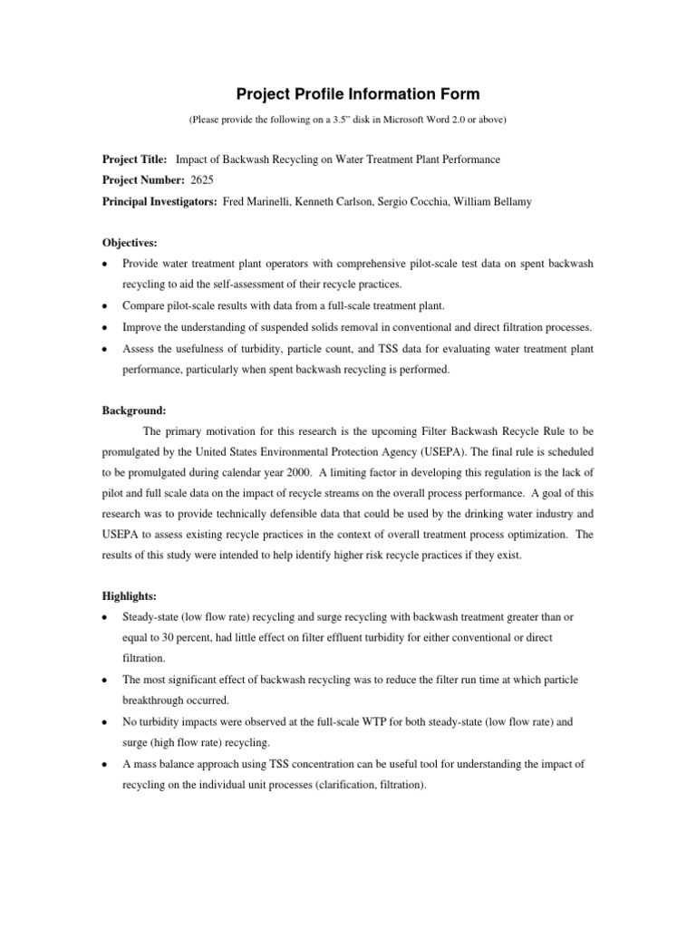 Project Profile Information Form | PDF | Water Purification | Filtration