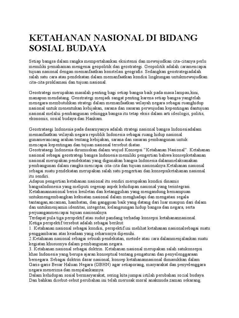 Ketahanan Nasional Di Bidang Sosial Budaya