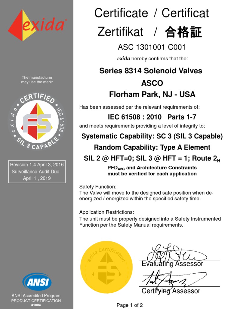Asco Series 314 Exida Sil Certificate 2016 | Systems Engineering ...