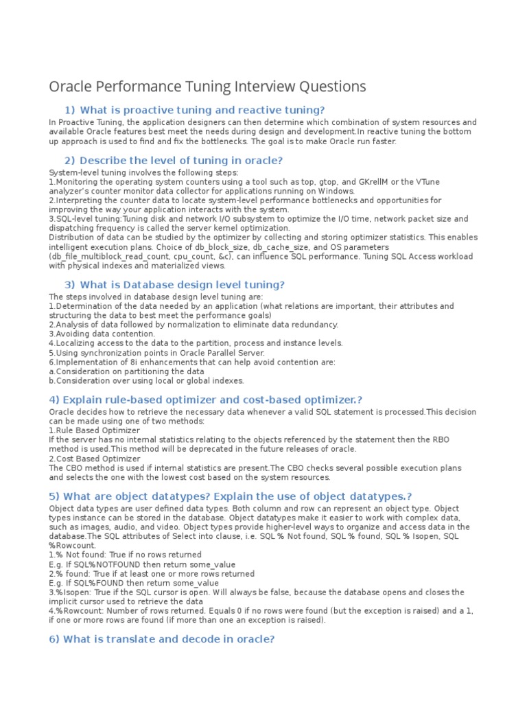 Oracle Performance Tuning Interview Questions | PDF | Oracle Database ...
