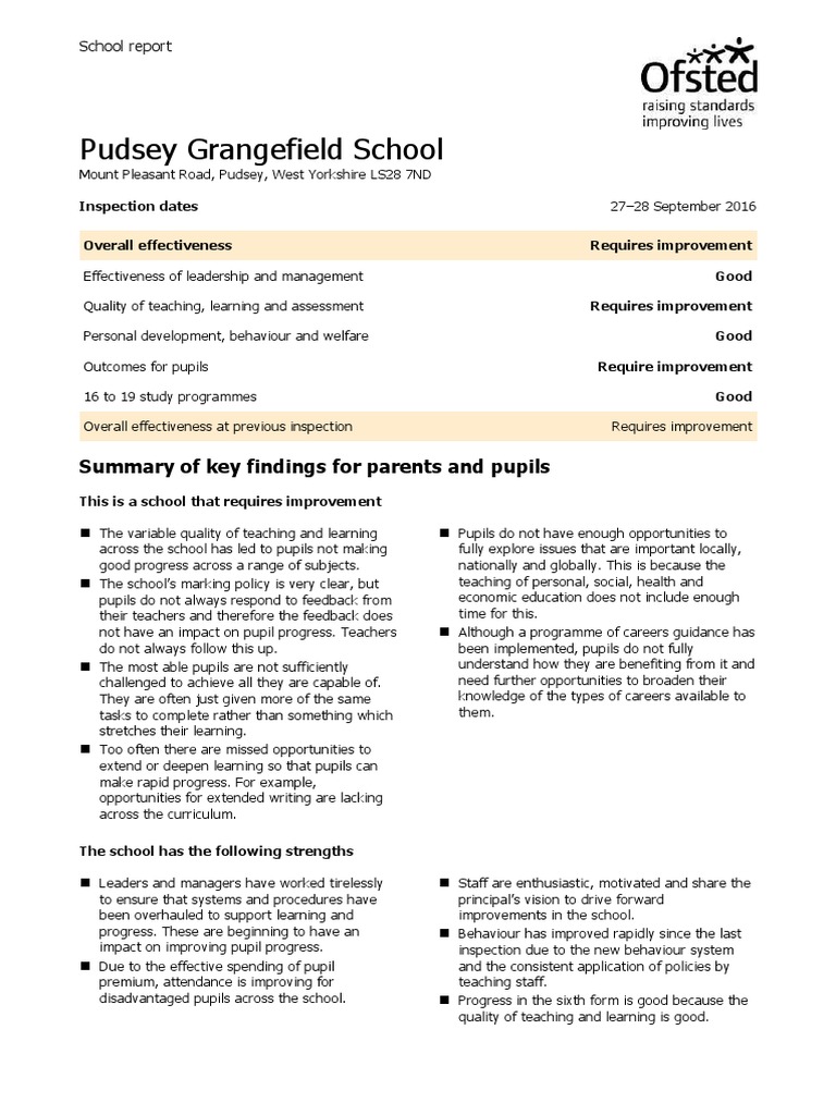 Pudsey Grangefield School Ofsted Report PDF Educational
