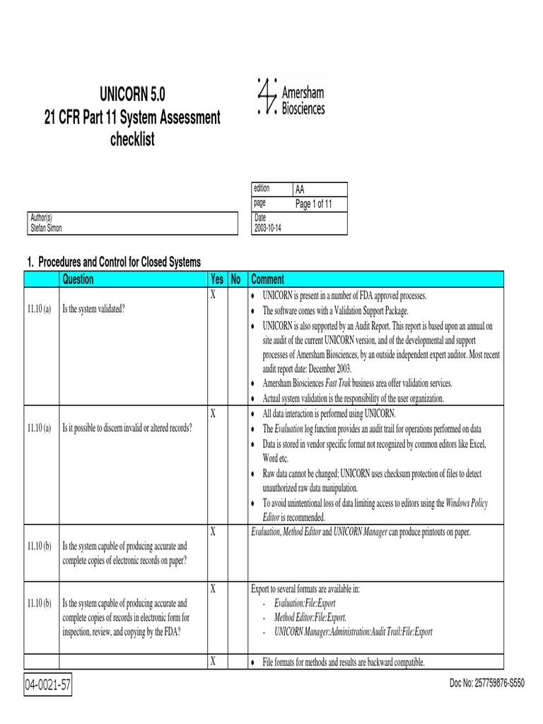 UNICORN 5.0 CFR Part 11 Compliance Checklist | PDF | Computer File ...