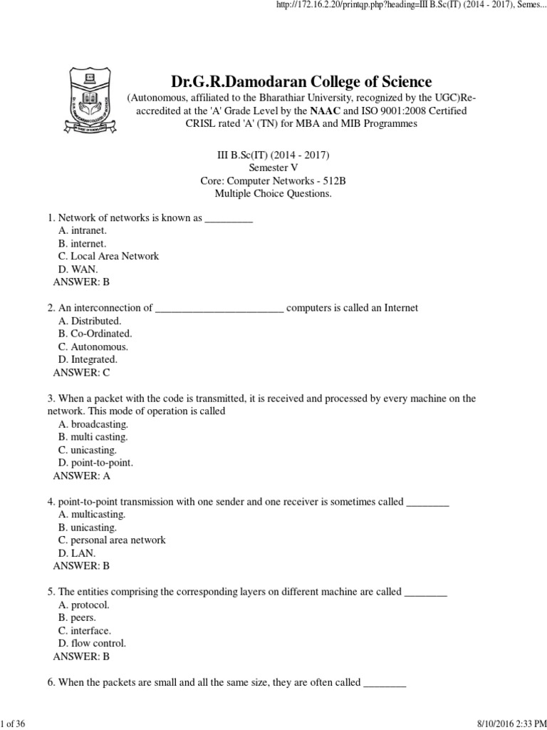 Computer Networks MCQ PDF | PDF | Transmission Medium | Computer Network