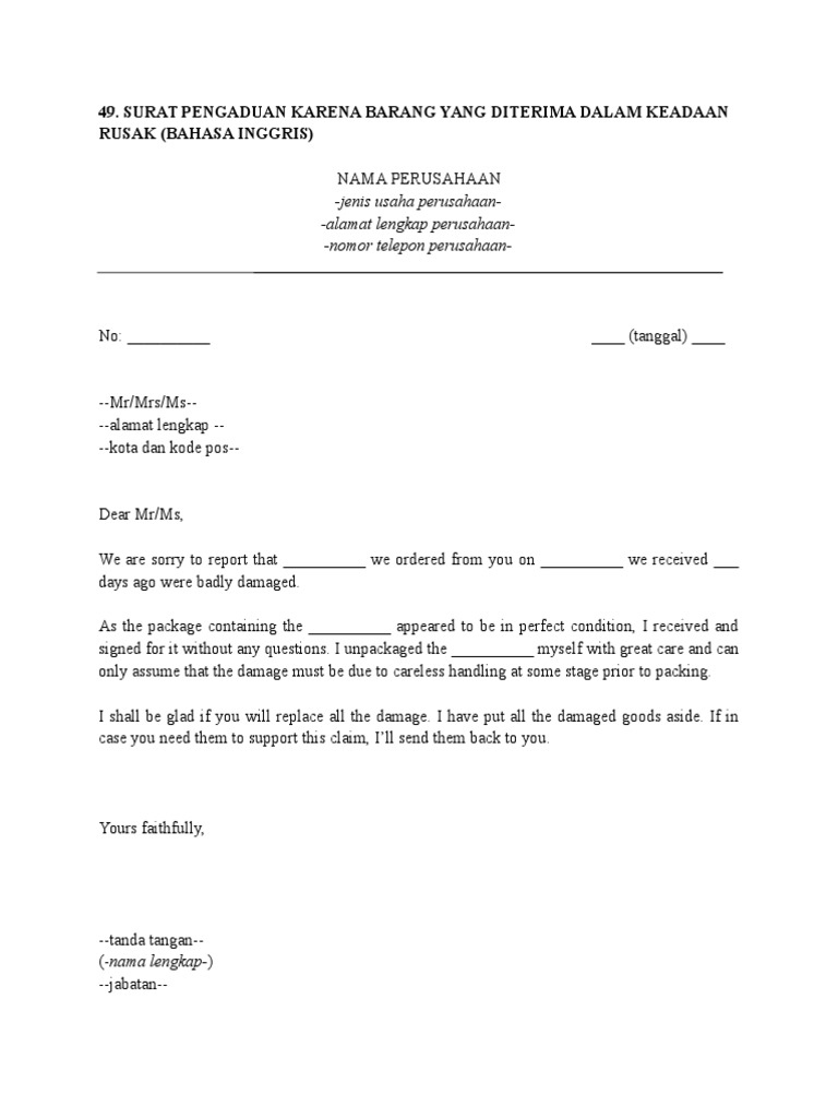 Surat Pengaduan Karena Barang Yang Diterima Dalam Keadaan Rusak Bahasa Inggris Pdf