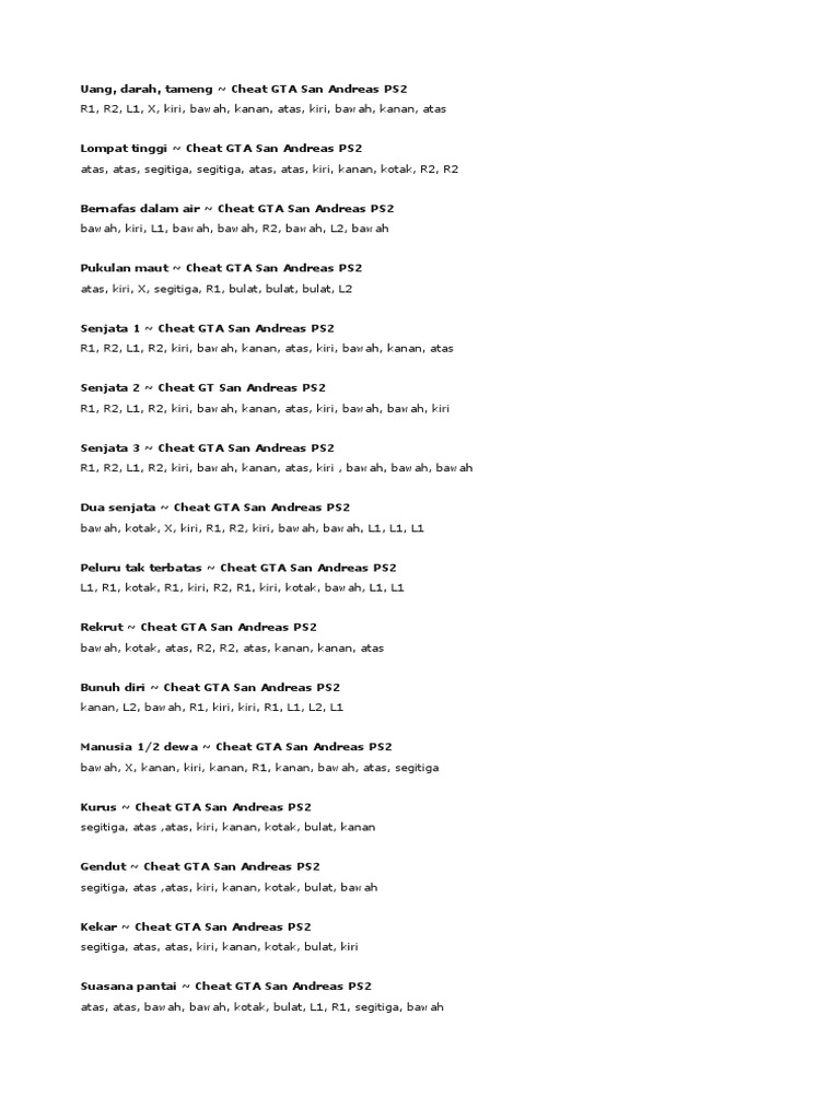 Uang Darah Tameng Cheat Gta San Andreas Ps2