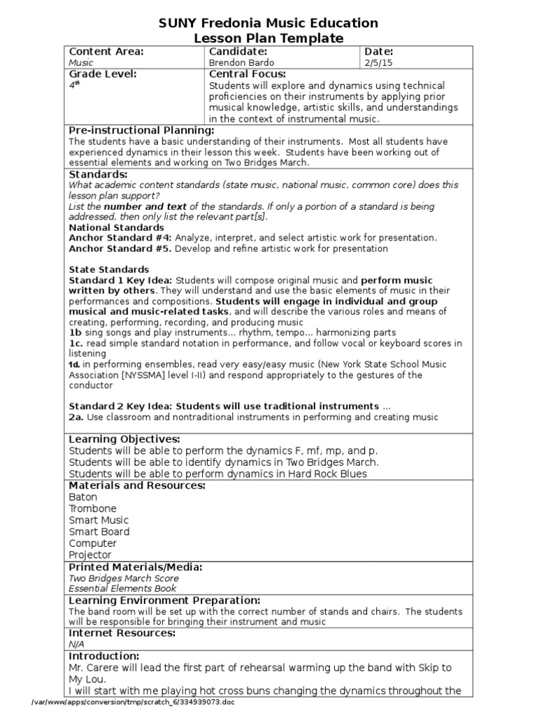 Band Lesson Plan 1 PDF Cognition Learning