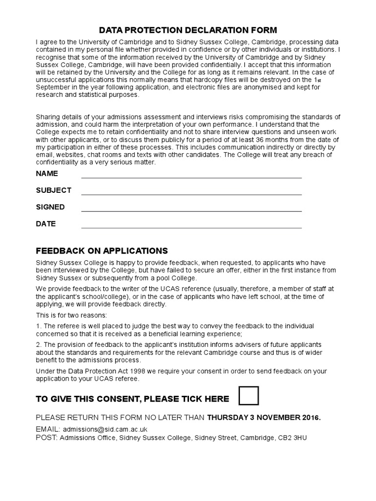 Data Protection Declaration Form: Name Subject Signed Date | PDF ...