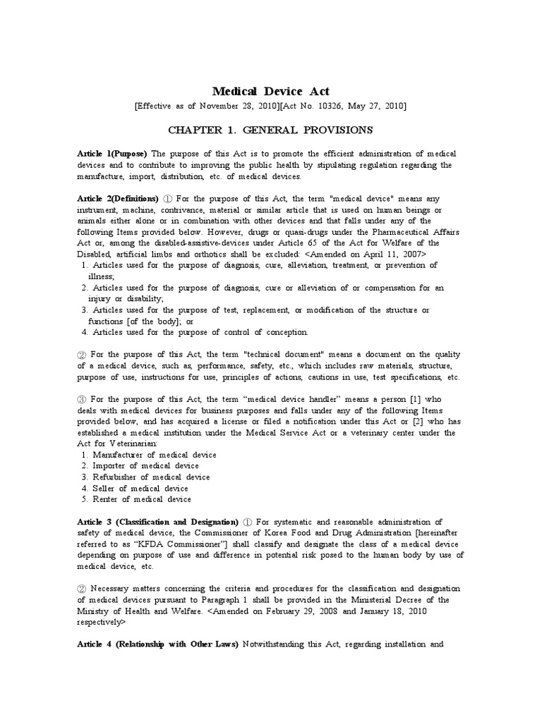Medical Device Act 2010 Medical Device Clinical Trial