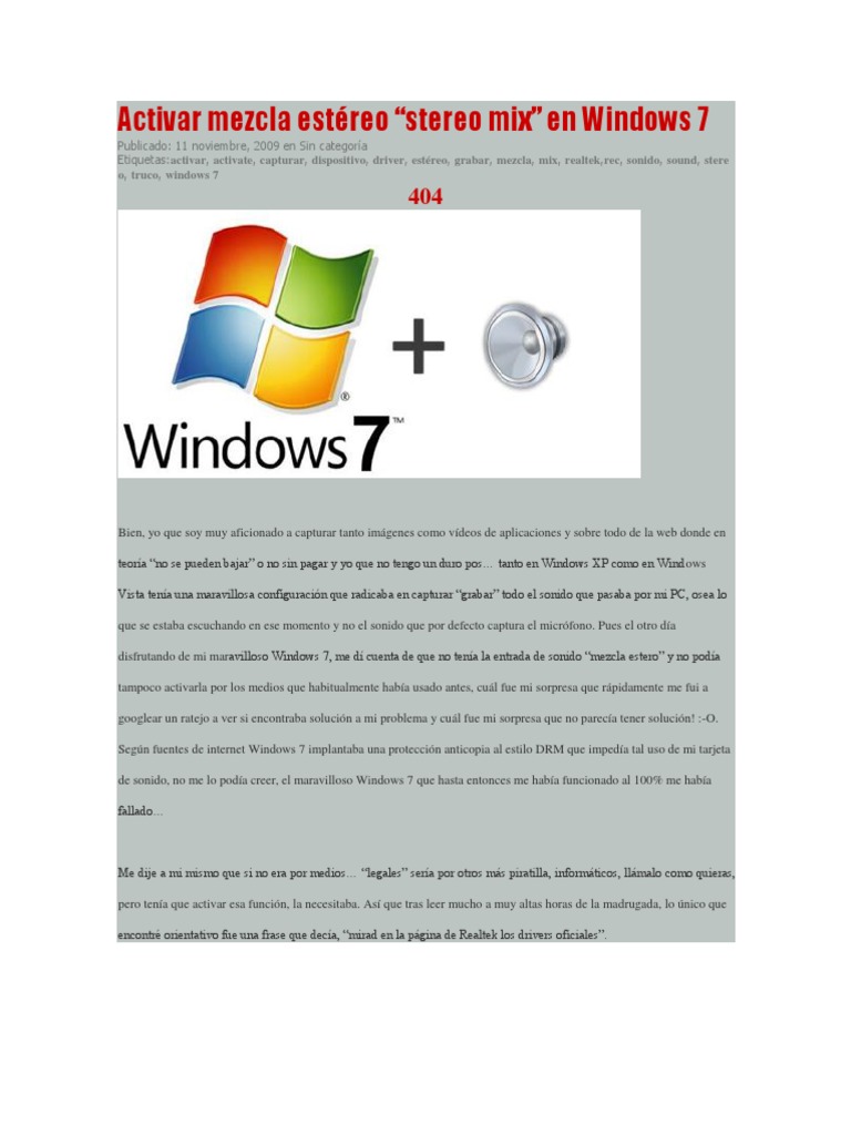 Activar Mezcla Estéreo Windows7 Pdf Windows 7 Gestión De Derechos Digitales 3113