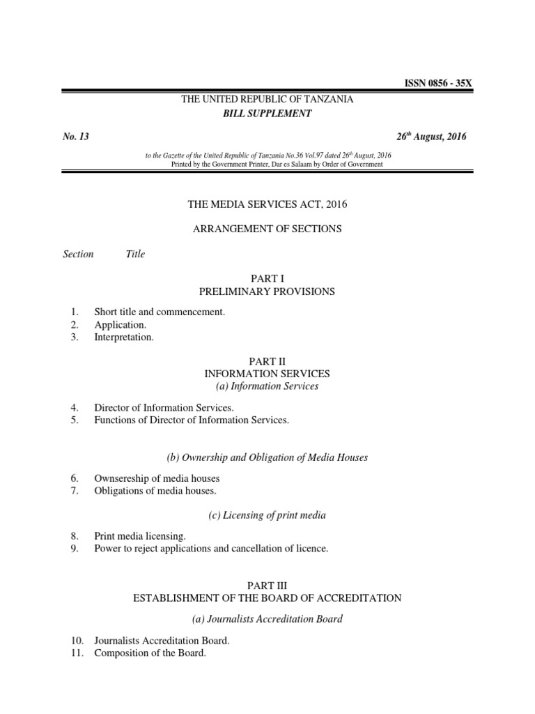 Bill The Media Services Act, 2016 PDF Defamation News
