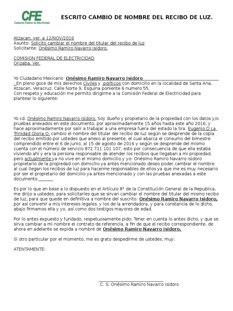 Escrito Cambio de Nombre Del Recibo de Luz