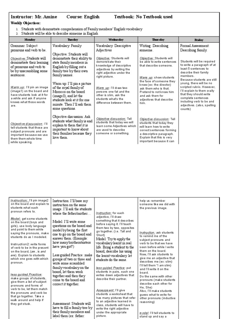 One Week Lesson Plan Template PDF Educational Assessment Lesson