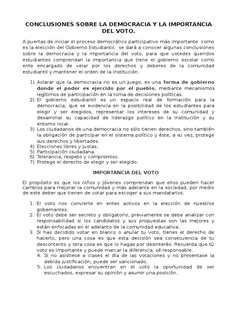 Conclusiones Sobre La Democracia y La Importancia Del Voto | PDF
