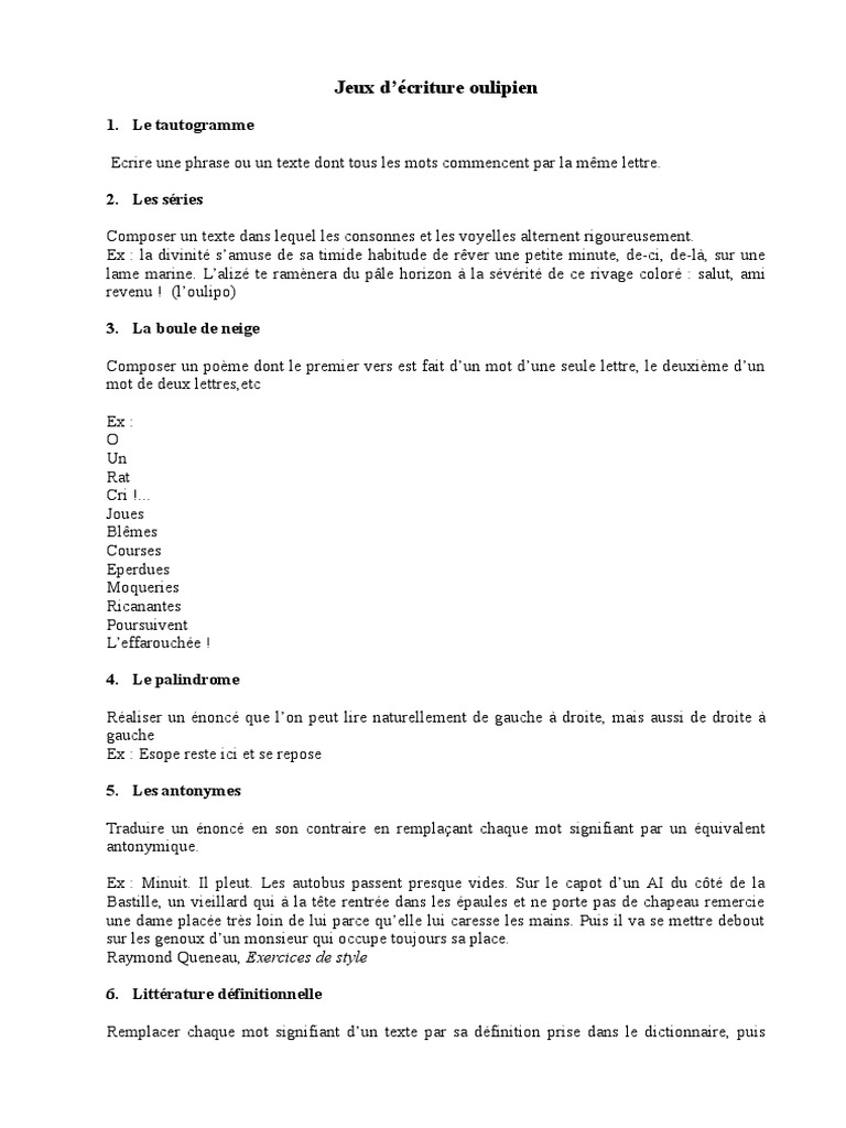 Jeux D Ecriture Oulipien Pdf Langues
