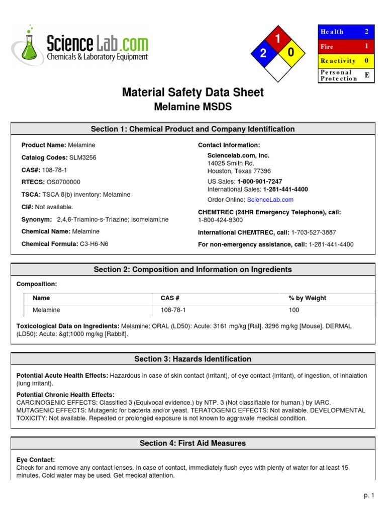 Msds.melamine Toxicity Personal Protective Equipment Free 30day