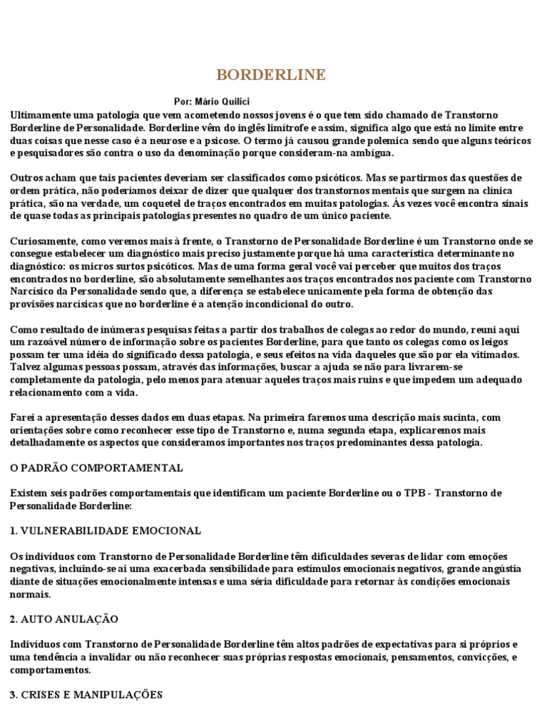 Borderline | PDF | Transtorno de personalidade limítrofe | Distúrbio mental