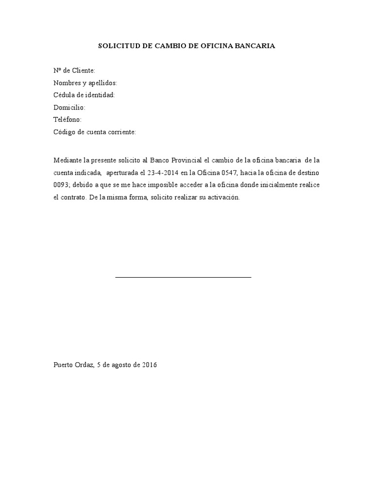 Solicitud De Cambio De Oficina Bancaria 1 Bancos Servicios Financieros
