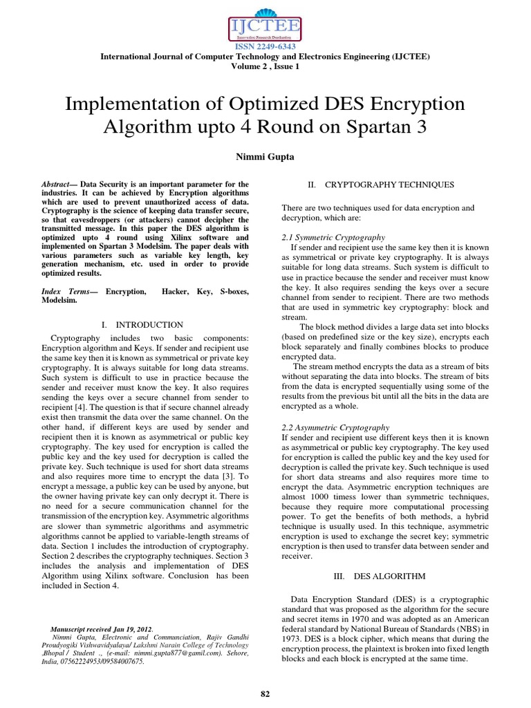 Optimized DES Algorithm on Spartan 3 | PDF | Public Key Cryptography ...