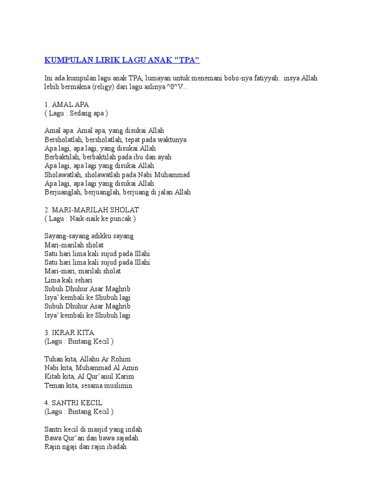 Kumpulan Lirik Lagu Anak