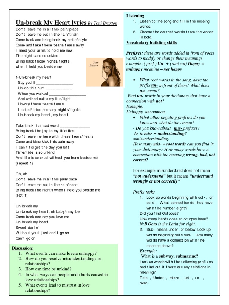 Paroles De Toni Braxton Un break My Heart Unbreak My Heart Lyrics Sheet PDF | PDF