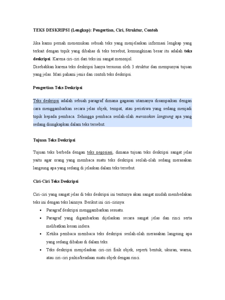 Pengertian dan Ciri Teks Deskripsi | PDF