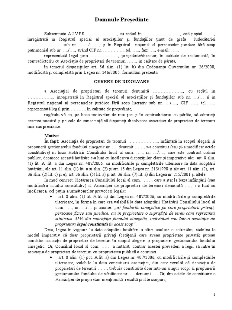 Model De Cerere De Dizolvare A Asociatiilor De Proprietari De Terenuri