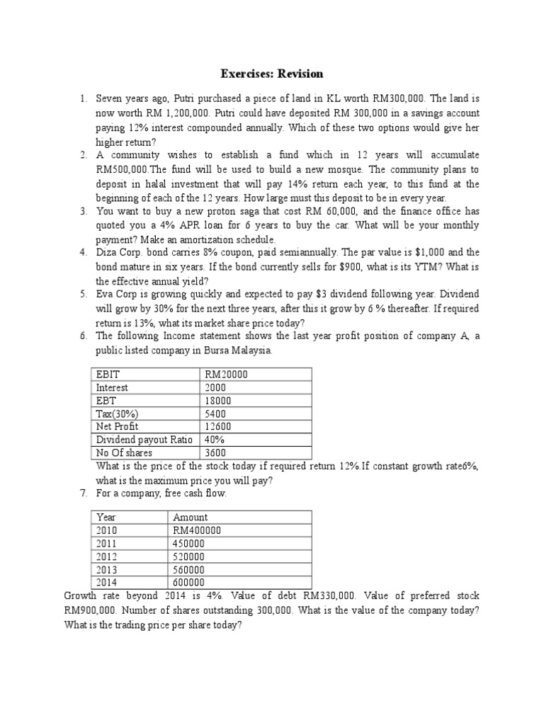Financial Exercises and Calculations Guide | PDF