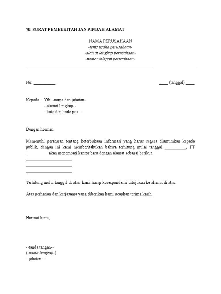 70 Surat Pemberitahuan Pindah Alamat