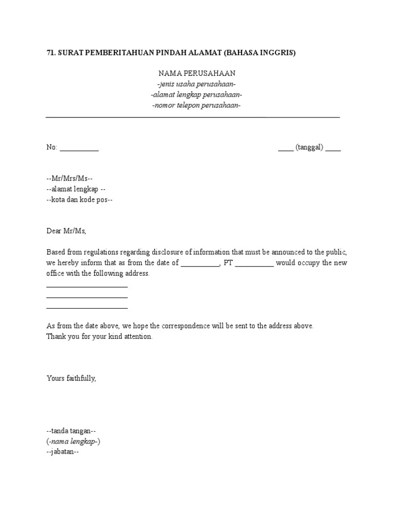 Surat Pemberitahuan Pindah Alamat Bahasa Inggris Pdf